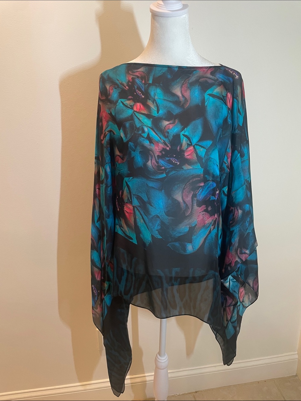 Roberto Cavalli Sheer Floral Tunic in Teal , leapord design and Pink Accents